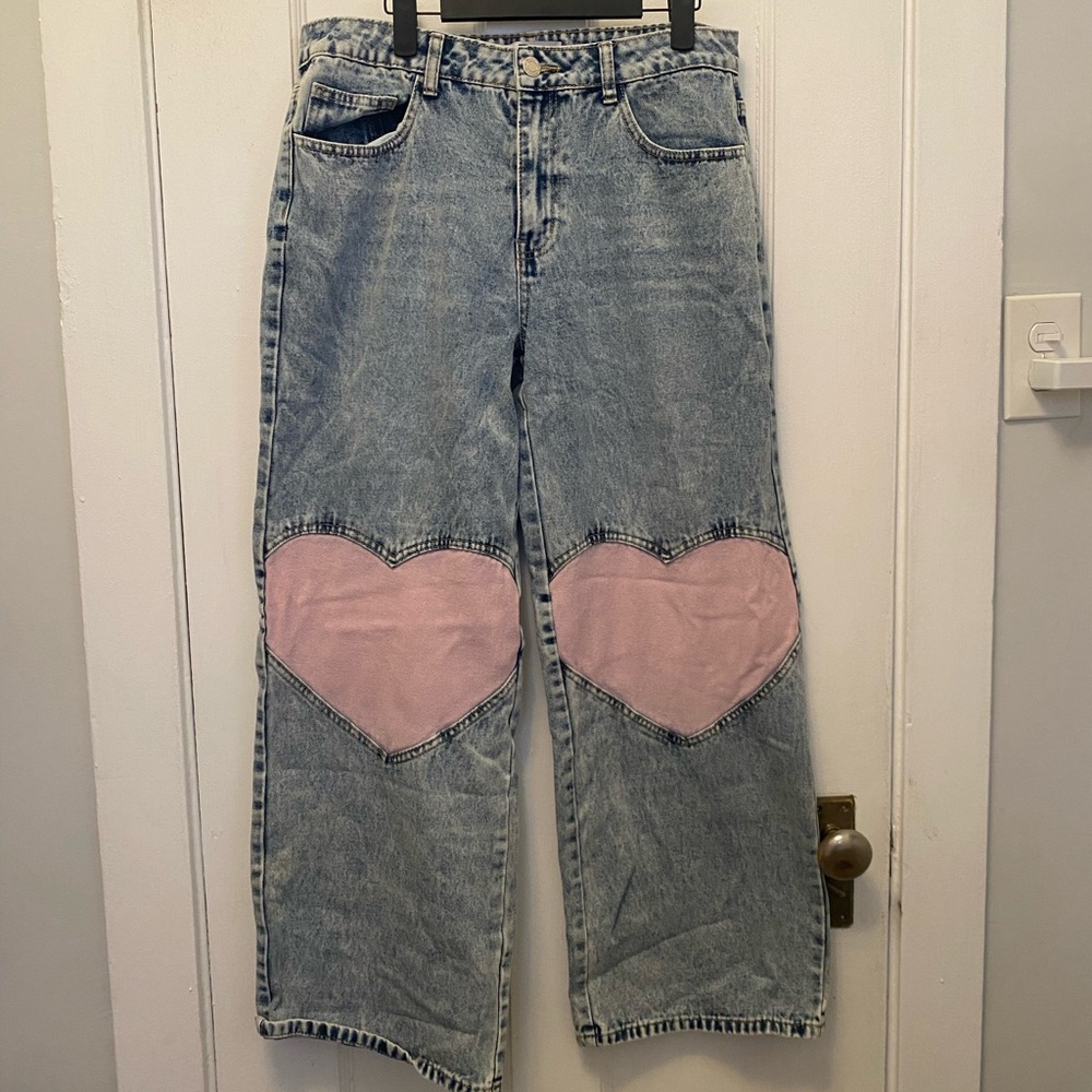 Pink Heart Straight Leg Jeans In Acid Wash Sz 13/31